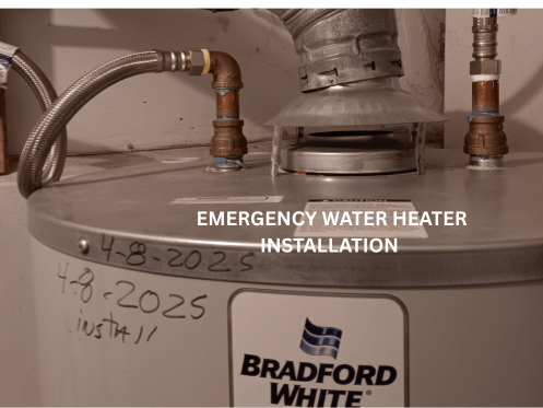 A newly completed, code-compliant residential water heater installation featuring a brand-new energy-efficient tank professionally piped by a local plumbing contractor.