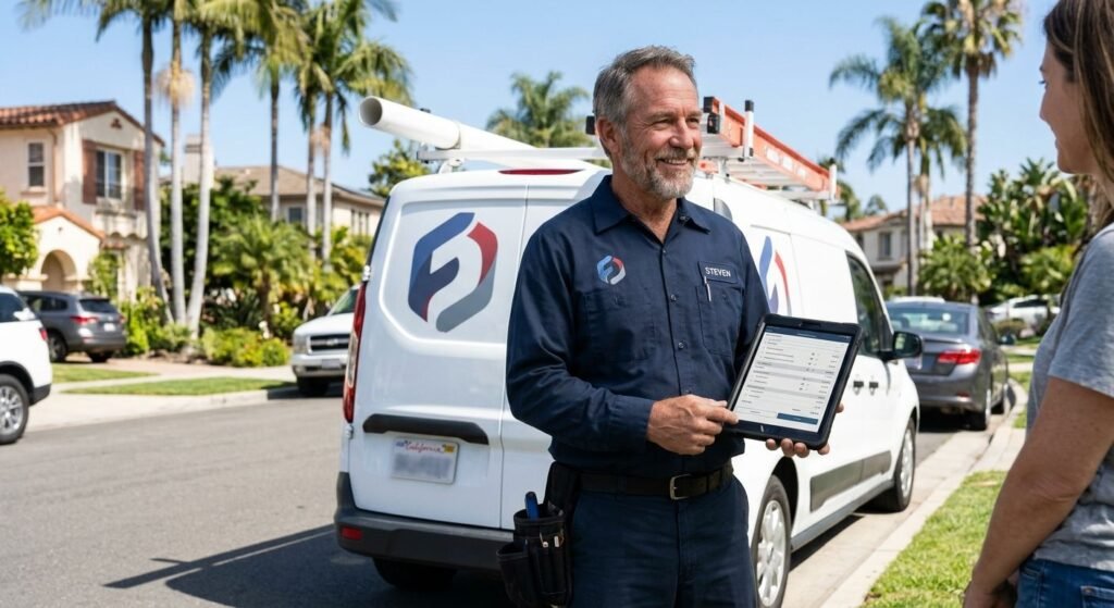 Professional plumber in blue uniform beside white service van with tablet in San Diego neighborhood