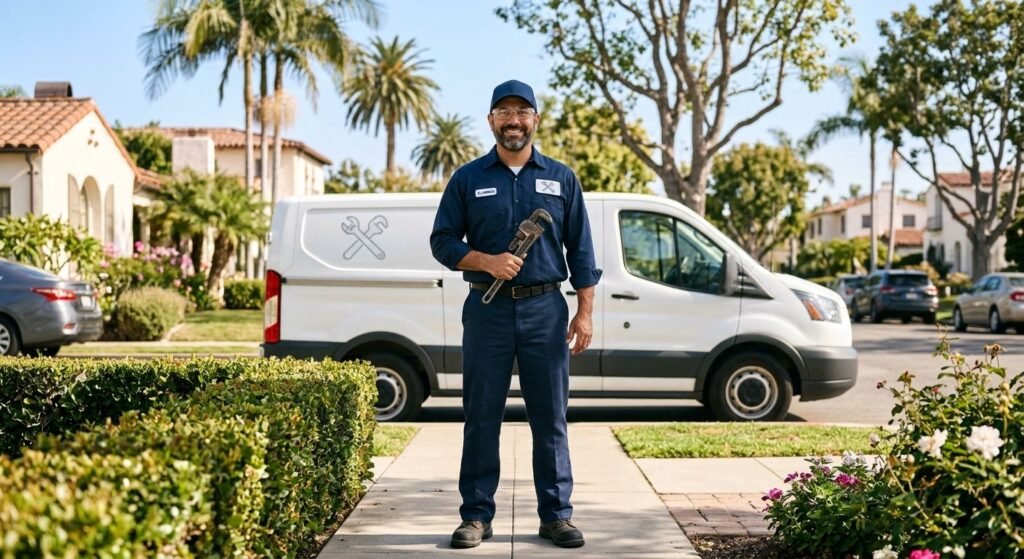 Professional plumber in blue uniform standing by service van in San Diego neighborhood