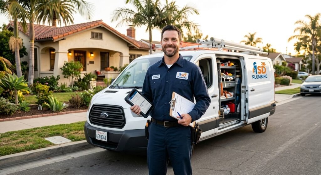 Professional photograph of a San Diego plumber with service van on residential street, conveying reliability and local expertise.
