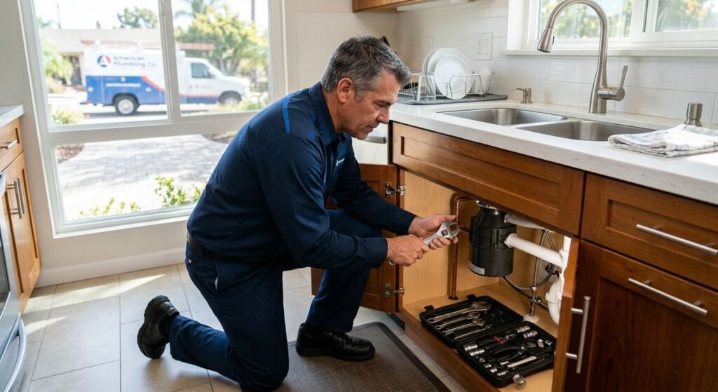 Experienced plumber in blue uniform fixing under-sink plumbing in bright San Diego kitchen with natural light