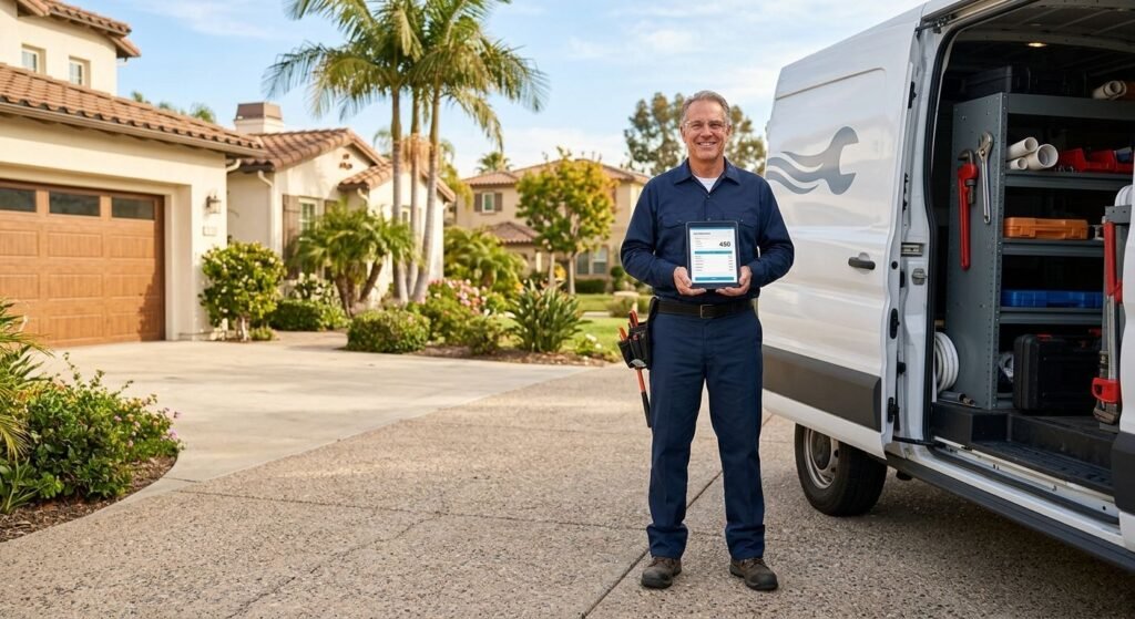 Professional plumber holding tablet on sunny driveway with home and service van