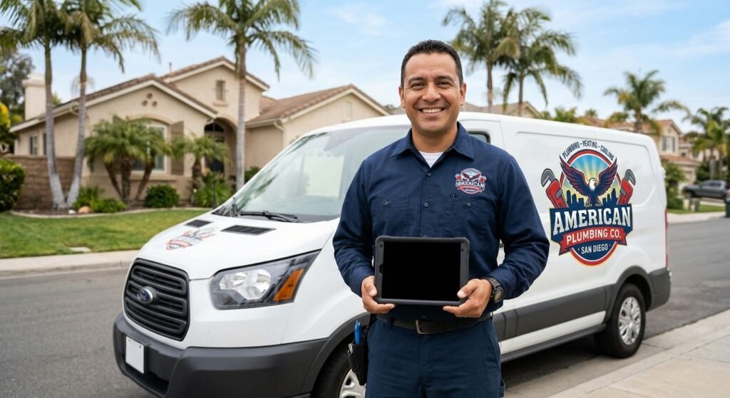 Professional photograph of a licensed plumber in blue uniform with American Plumbing Co. logo standing beside a branded van in a San Diego residential neighborhood, holding a tablet with blank screen, shallow depth of field emphasizing his trustworthy expression.