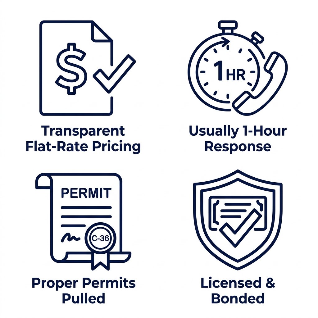 Four outline icons representing plumbing service details: transparent pricing, 1-hour response, permits, and licensing. Labels below each icon.
