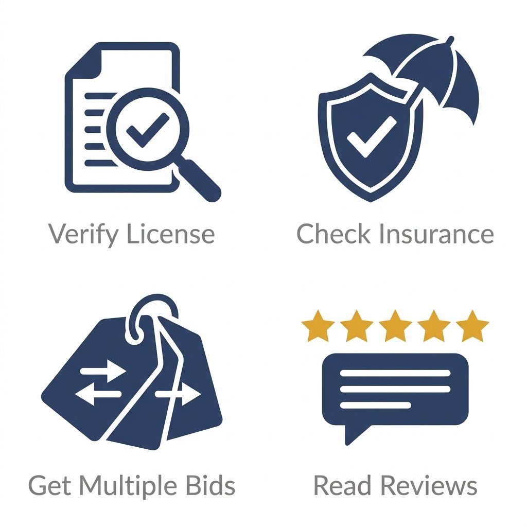 Four flat icons in muted navy on a white background, each with a gray label: Verify License, Check Insurance, Get Multiple Bids, Read Reviews