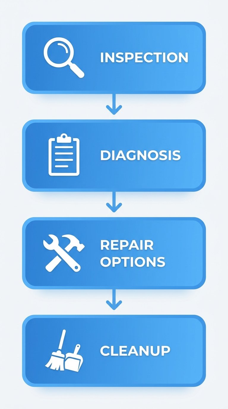 Vertical flow diagram of a professional plumbing service call showing four stages: inspection, diagnosis, repair options, and cleanup, with gradient blue rounded rectangles and white icons connected by arrows.
