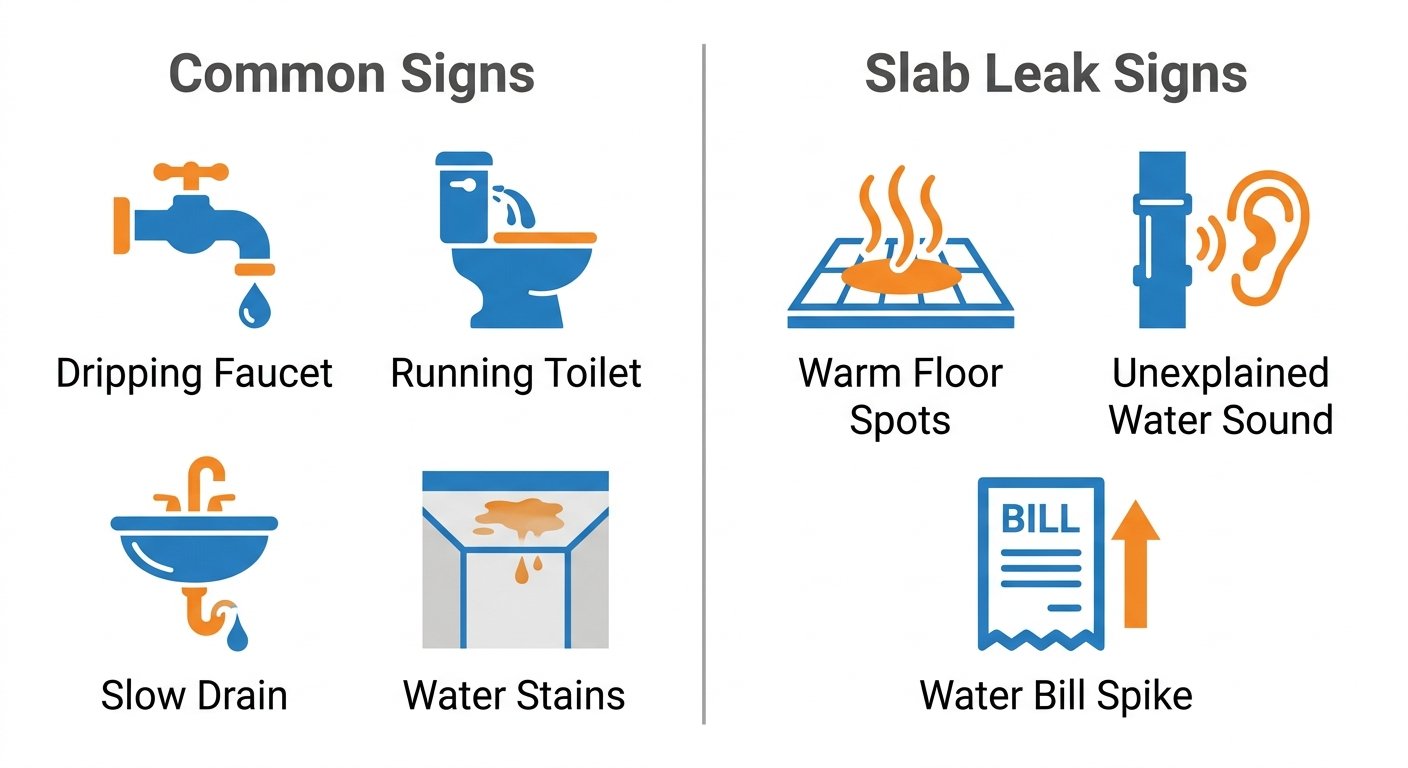 Infographic showing common plumbing warning signs and slab leak signs for San Diego homes.