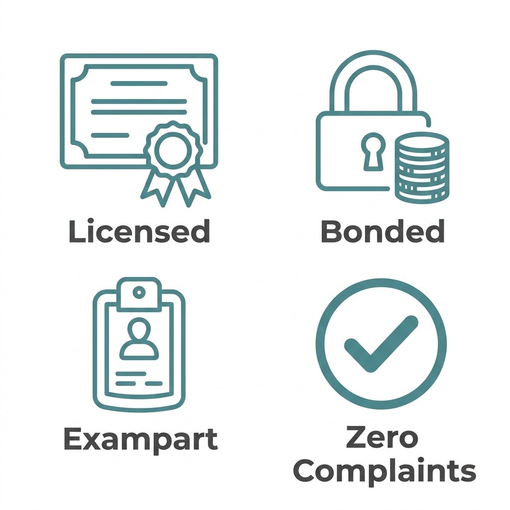 Three flat icons representing licensed, bonded, and zero complaints in muted teal on white background with dark gray labels.